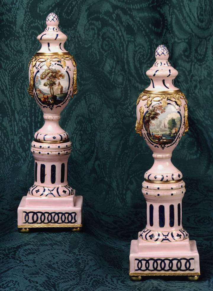A Pair of Staffordshire Enamel Candle Vases